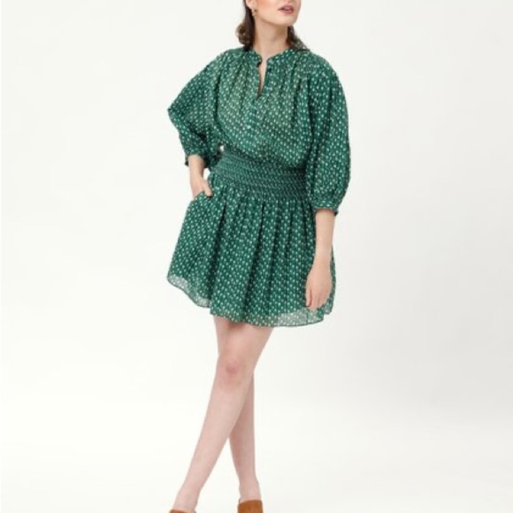 Rebecca Taylor Green & White Dot Ikat Fleur Pocket Shirt Dress